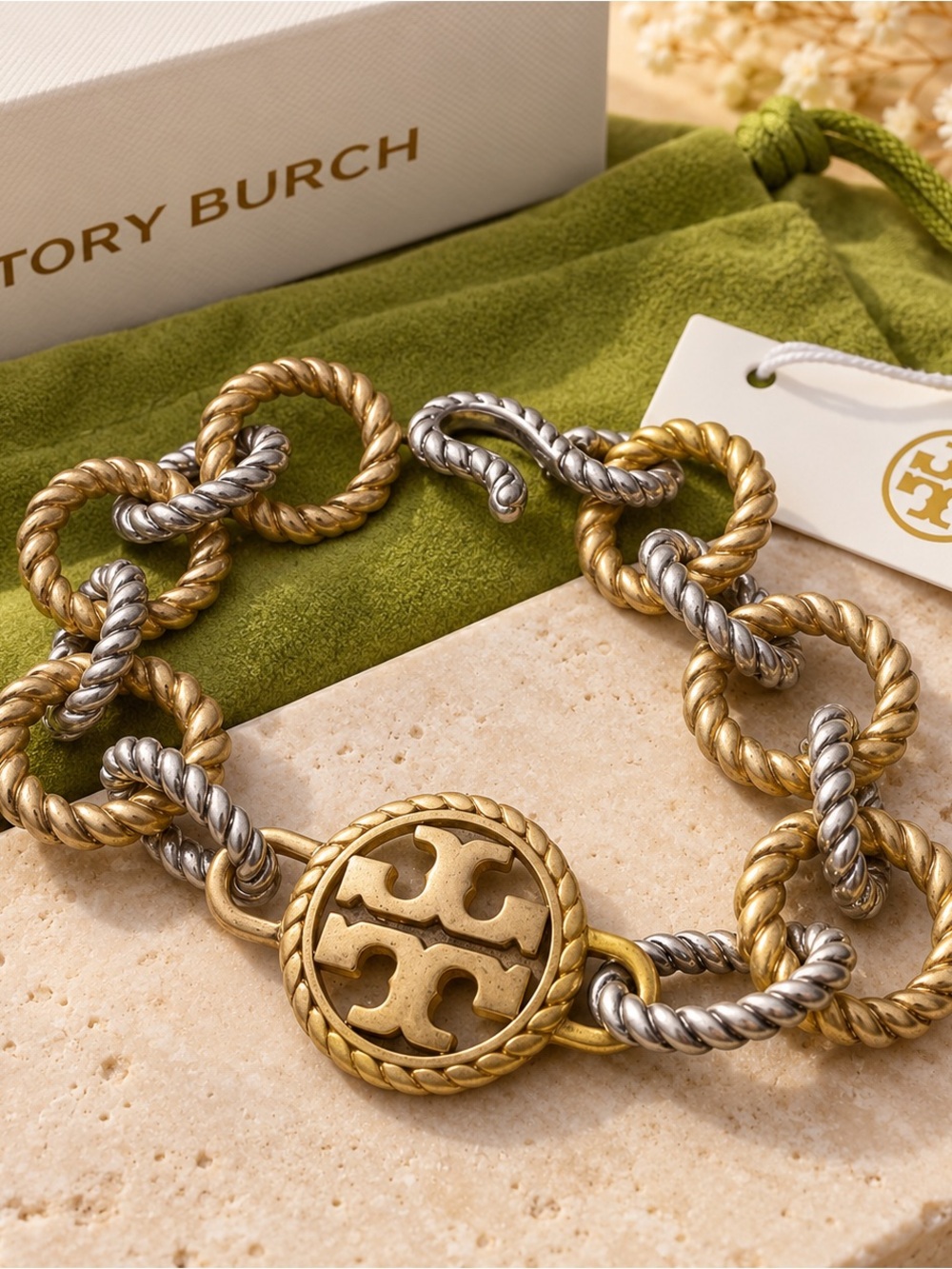 Tory Burch Two-Tone Twisted Link Logo Bracelet in Gold & Silver